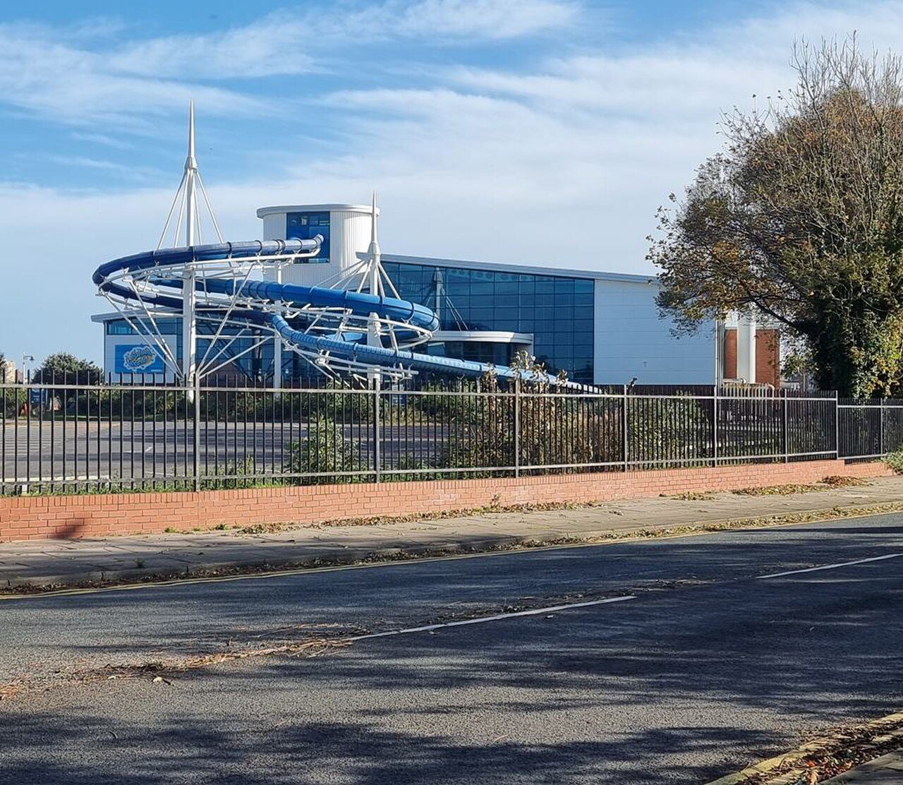 The blue flumes outside Splash World, Southport