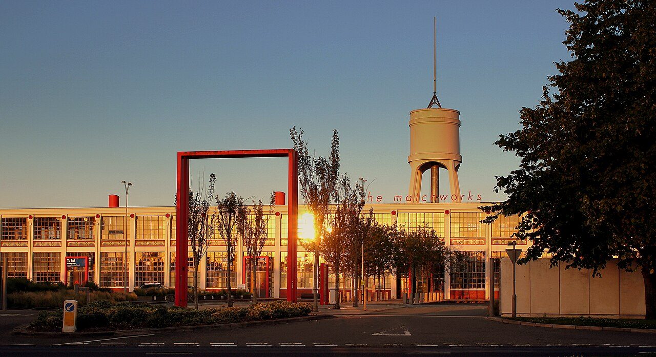 The Matchworks building in Garston at sunset, home of The Climbing Hangar South