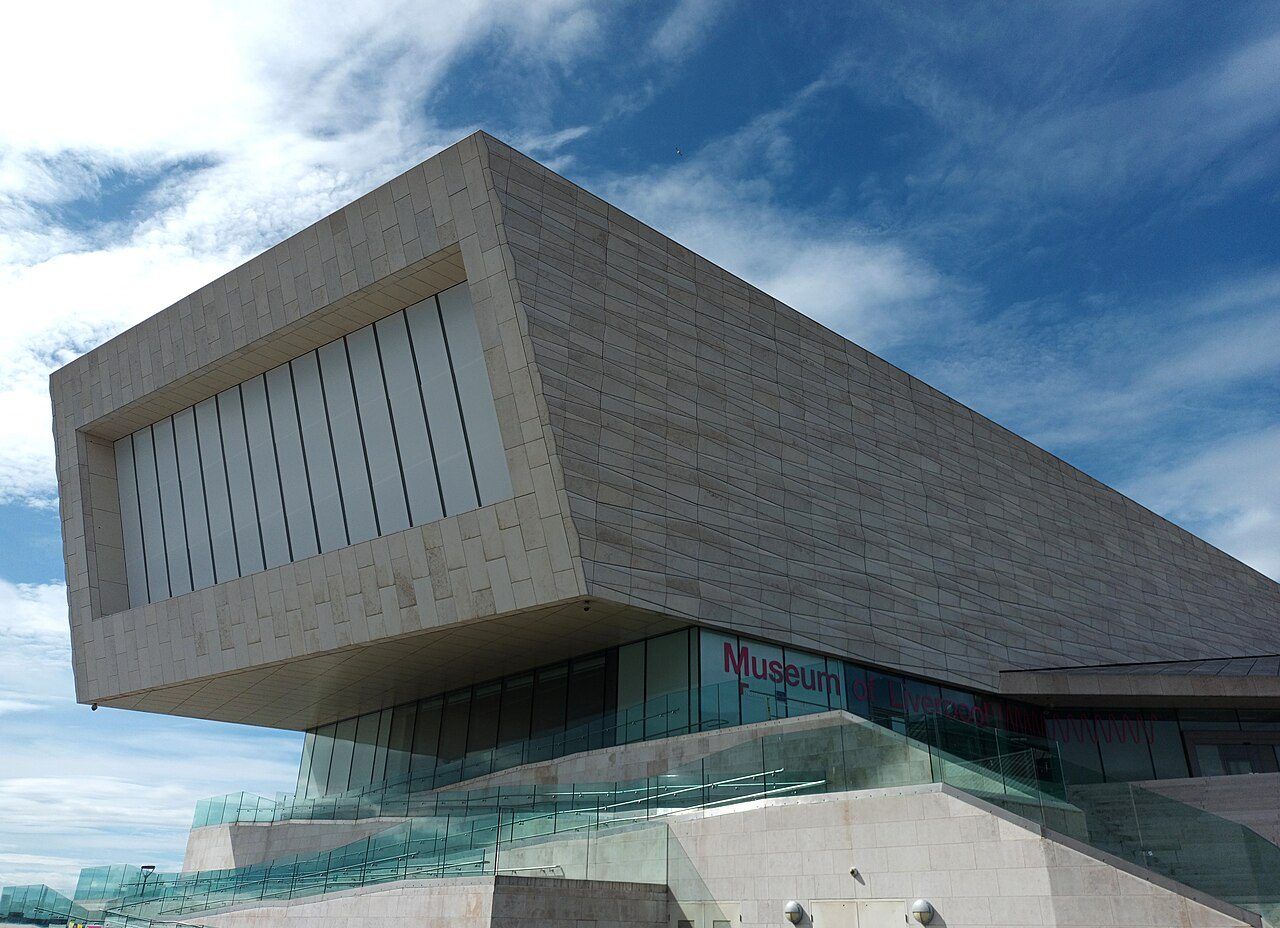 The angular white Museum of Liverpool building at the Pier Head on a bright day