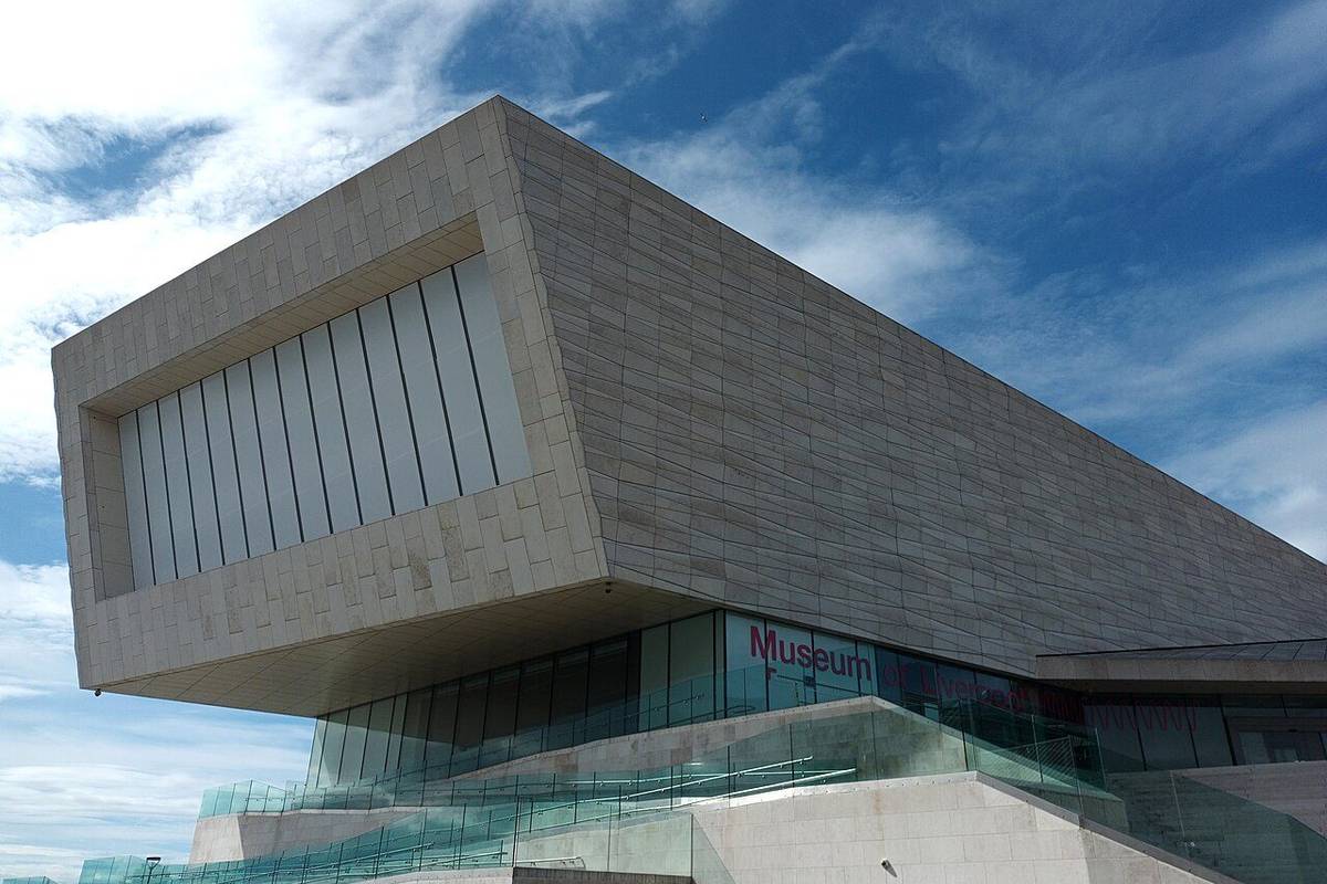The angular white Museum of Liverpool building at the Pier Head on a bright day