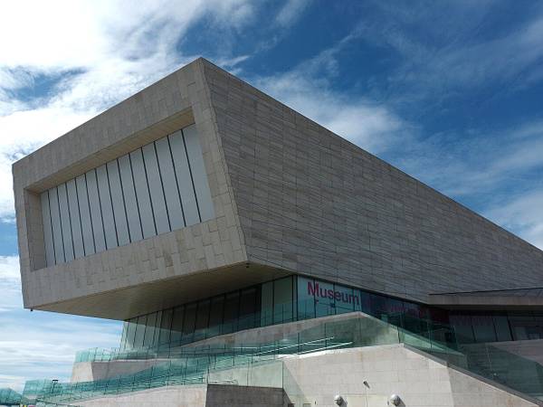The angular white Museum of Liverpool building at the Pier Head on a bright day