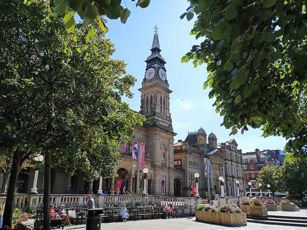 The Atkinson on Lord Street, Southport, with its clock tower in summer sunshine